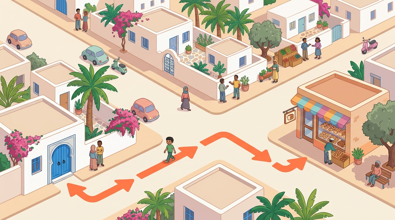 Un quartier tunisien vu d'en haut avec des flèches orange : tout droit puis à droite, de la maison à la boulangerie